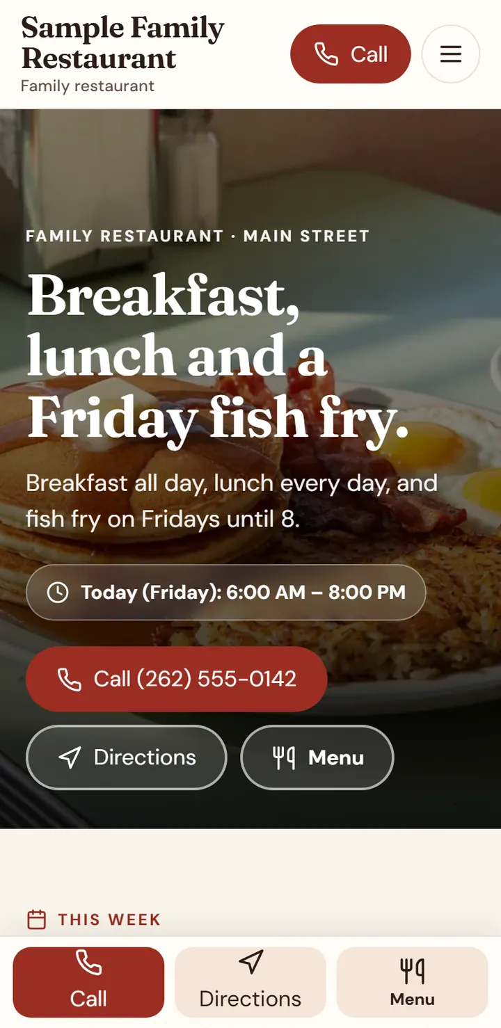 Phone screen of the Sample Family Restaurant home page. Sample design, not a real business.